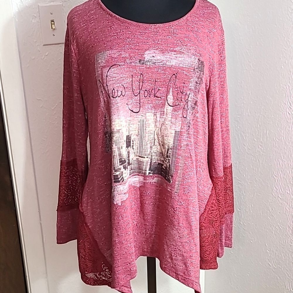 Cato Top, New York City, Red with Lace, Size Large